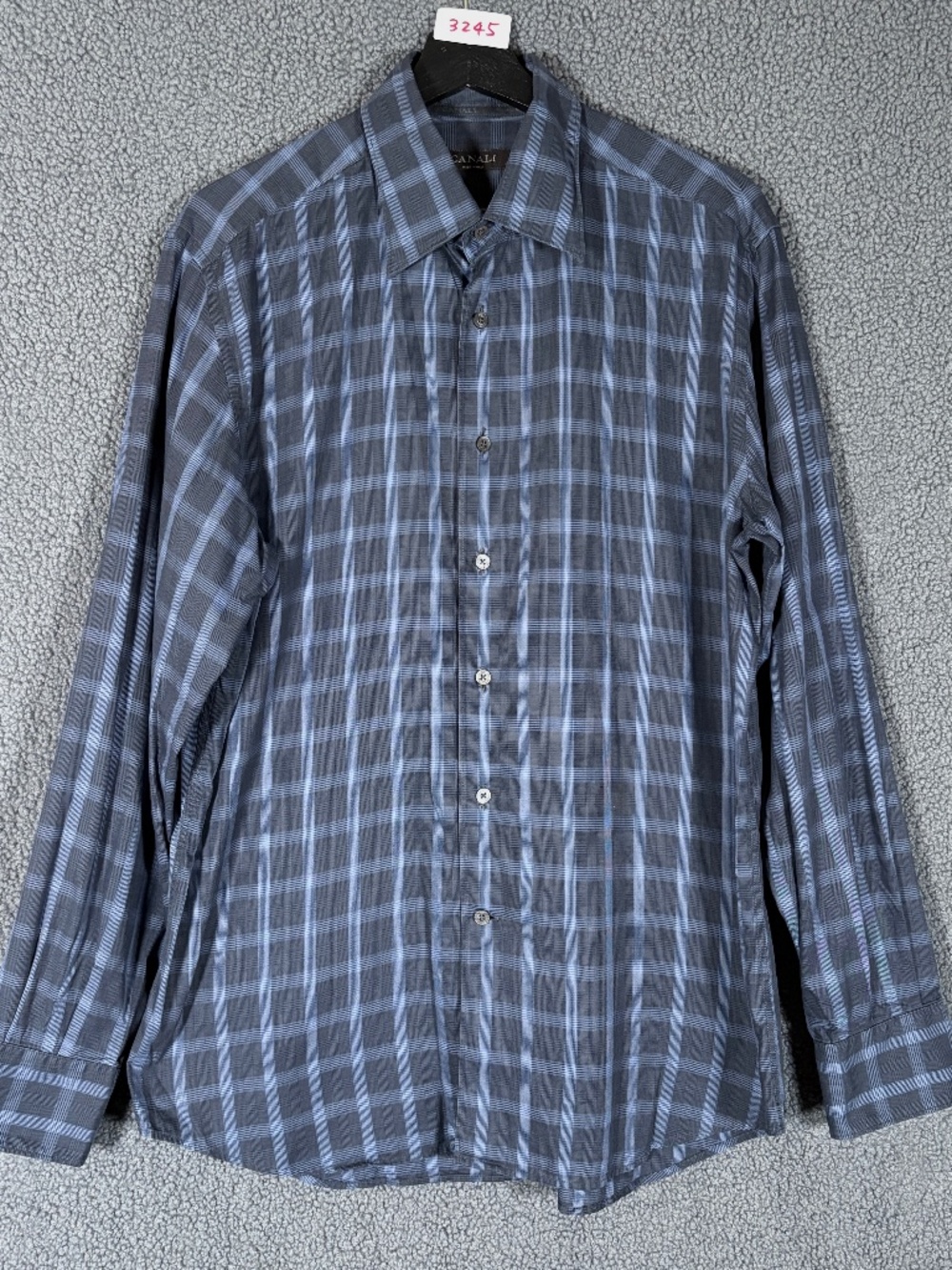 Canali Cotton Plaid Button Up Long Sleeve Shirt - Men's Size L - Blue